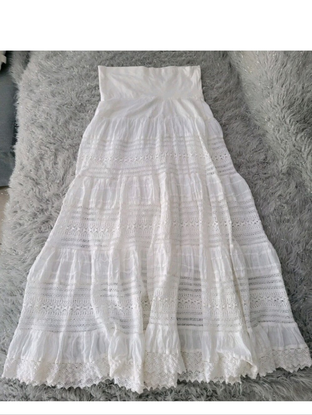 Vintage Y2k White Tiered Gauzy Maxi Skirt Fold Over Waist Crochet Lace Boho S - Picture 4 of 9